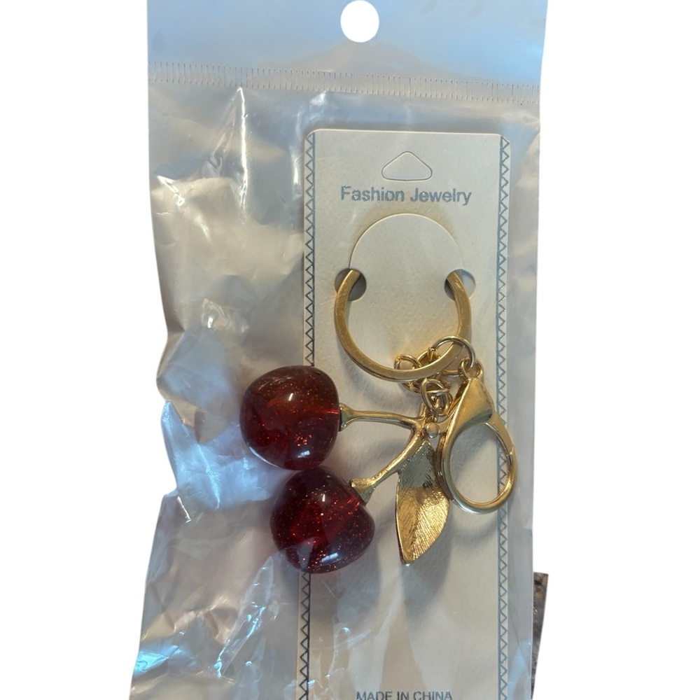 Medium Sized Cherry  Keychain with Gold Accents